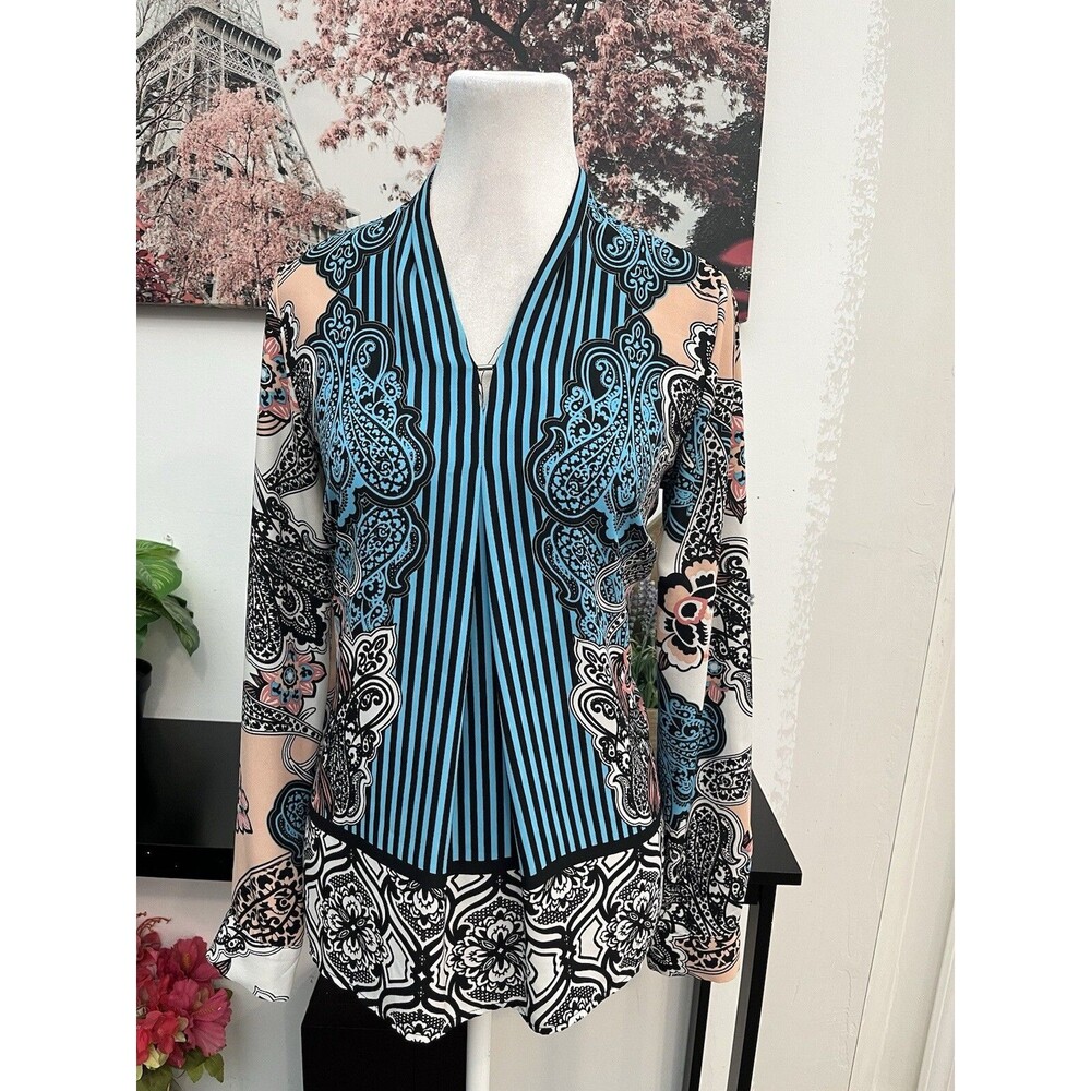 Dana Buchman Blouse Small S Blue Black Striped Paisley Long Sleeve V-Neck Top